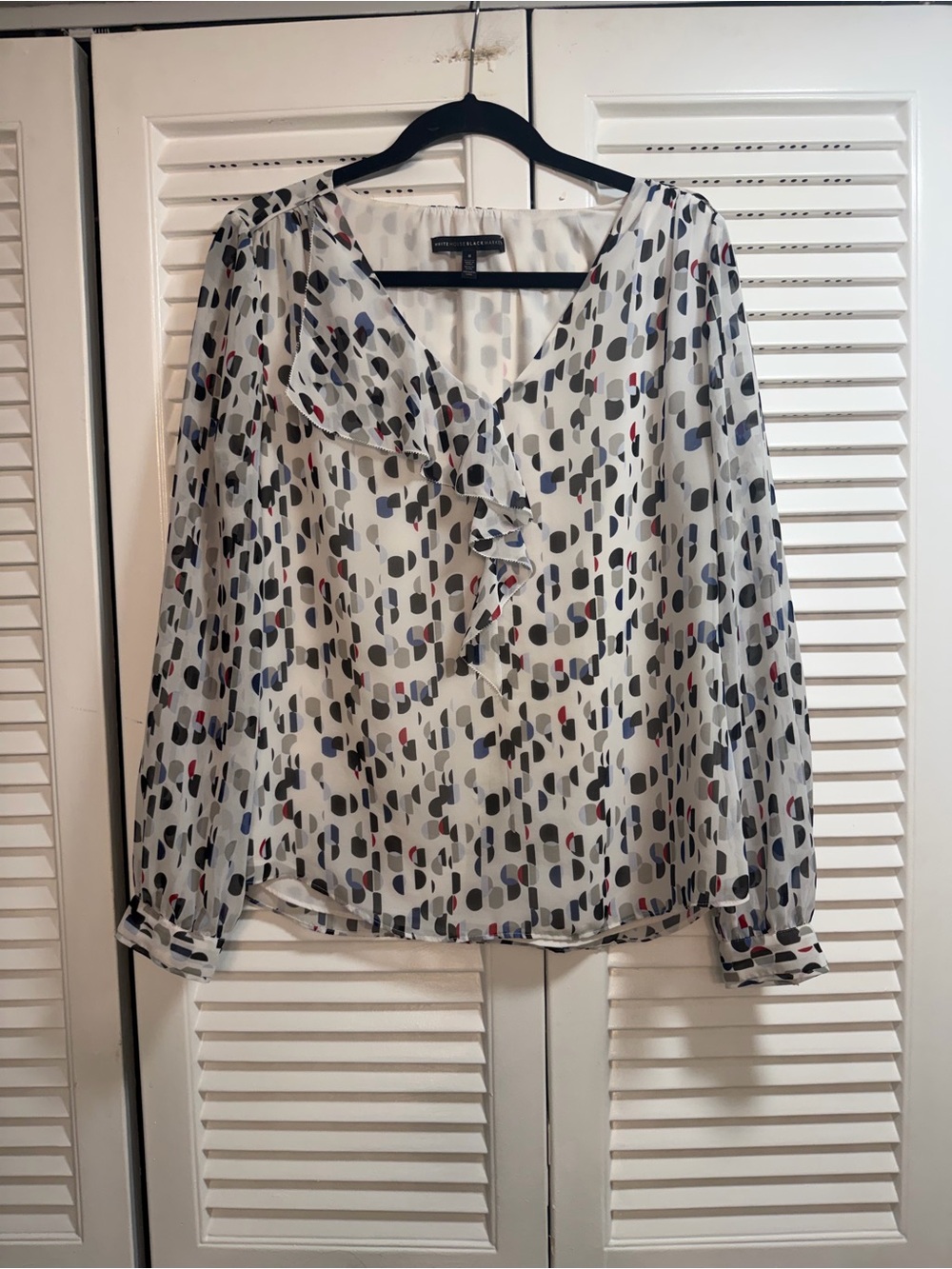 WHBM  White Geometric Ruffle V-Neck Blouse